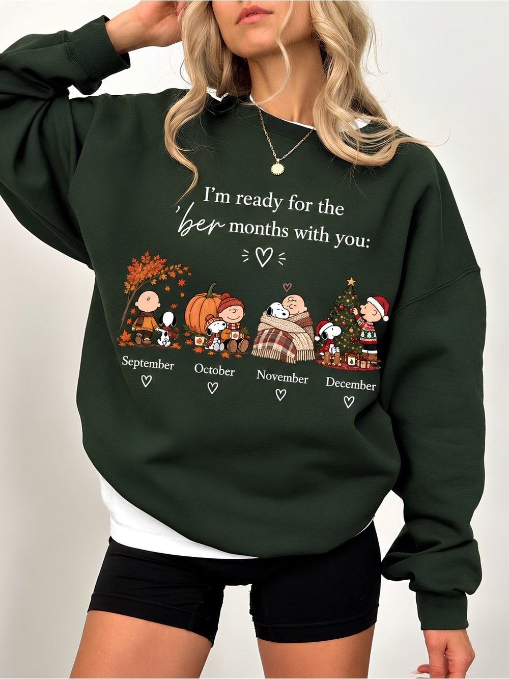 Peanuts Snoopy Ber Months Fall Graphic Sweatshirt Gildan Green NWT